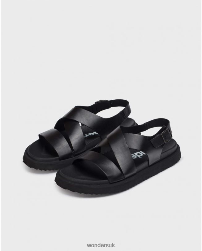 Footwear VZ2PD348 Men Wonders Negro Leather Sandal With Cross Over Straps