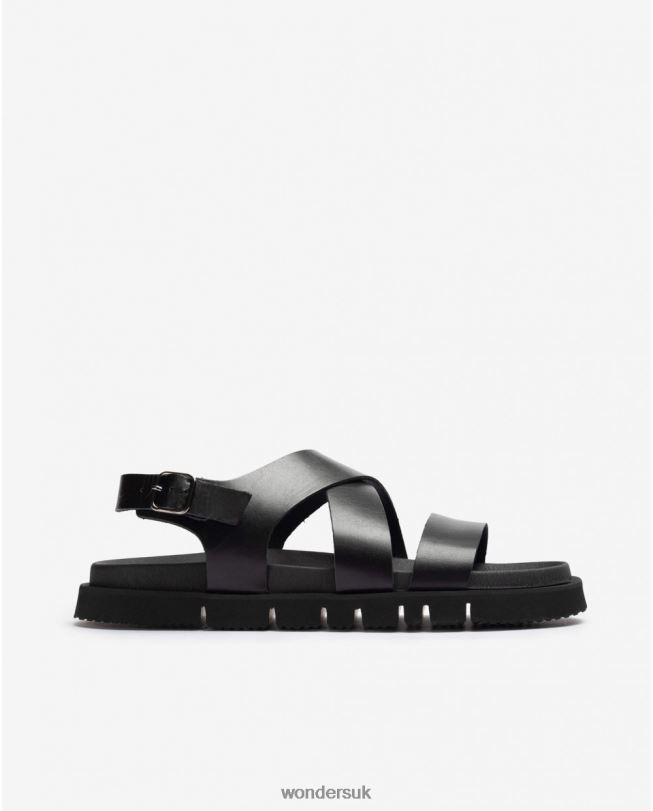 Footwear VZ2PD349 Men Wonders Negro Leather Sandal With Cross Over Straps