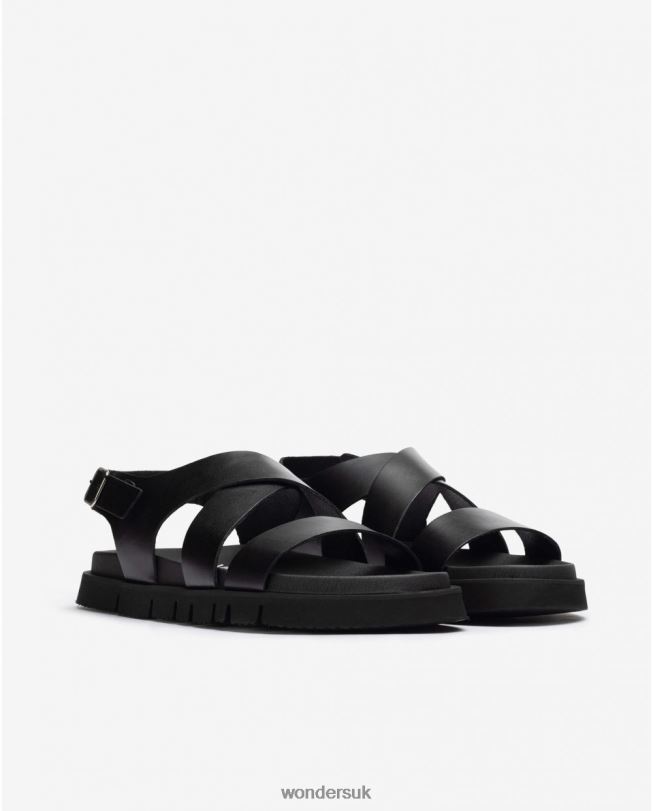 Footwear VZ2PD349 Men Wonders Negro Leather Sandal With Cross Over Straps