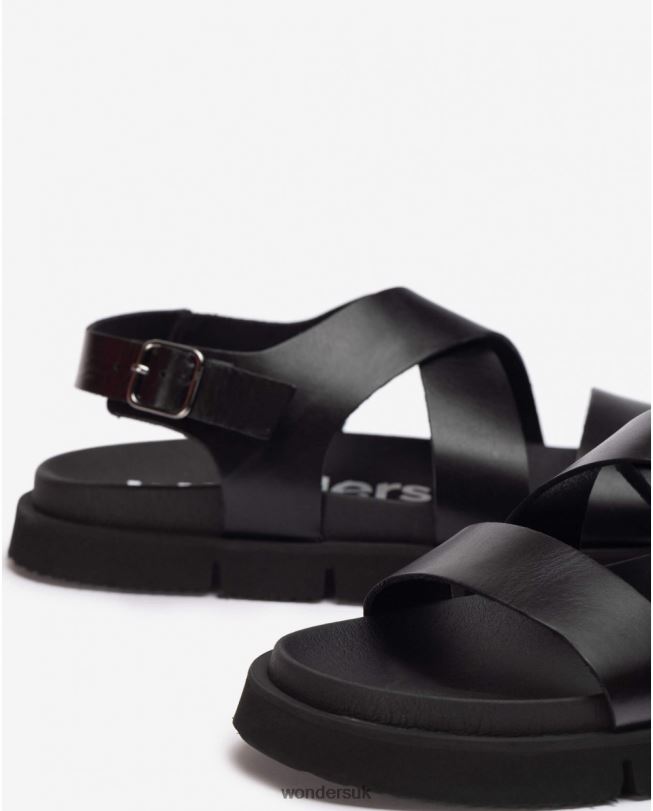Footwear VZ2PD349 Men Wonders Negro Leather Sandal With Cross Over Straps