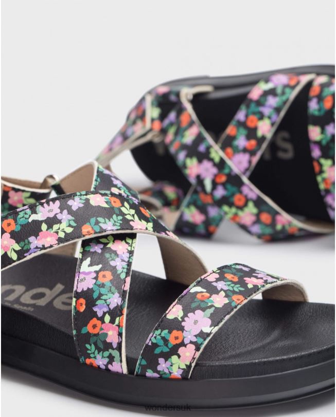 Footwear VZ2PD325 Women Wonders Negro Floral Ola Sandal